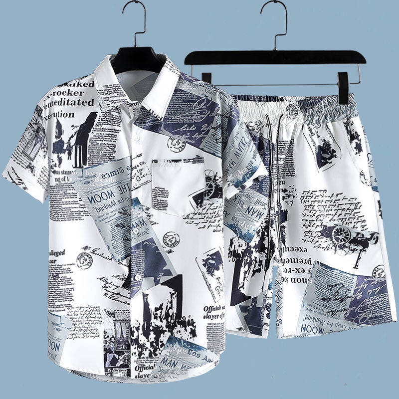Summer Short Set - Men's Newspaper Printed 2-piece Set Short