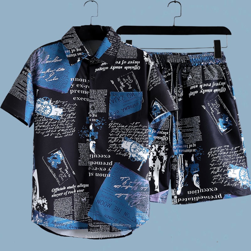 Men's Newspaper Printed 2-piec - Summer Short Set ulasan dan harga